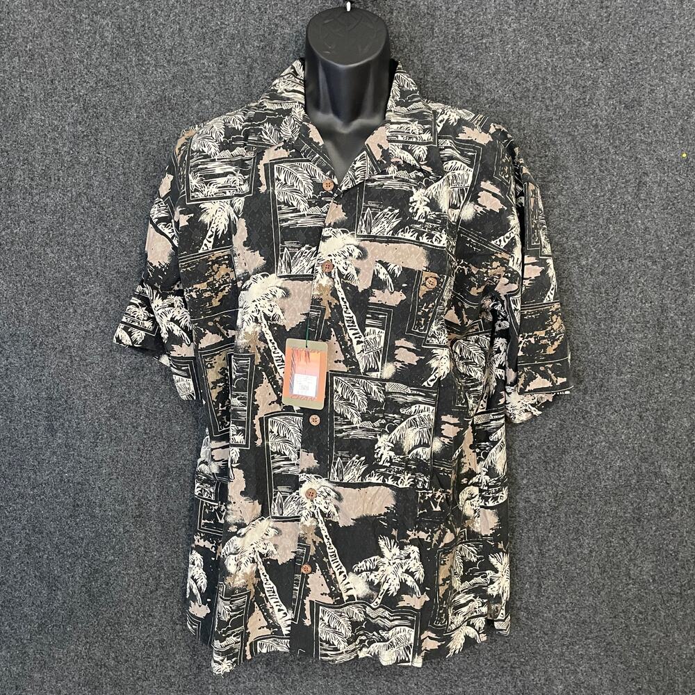 Bobby Chan Silk Hawaiian Shirt Men’s L Black Tan Palm Tree Aloha Friday